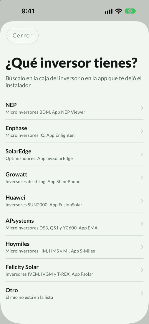 Lista de marcas en Cenit: NEP, Enphase, SolarEdge, Growatt, Huawei, APsystems, Hoymiles y Felicity Solar